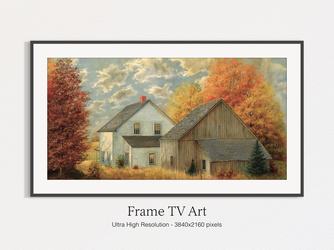 Autumn Farmhouse Barn Vintage Painting Red Golden Fall Trees Poster - Image 4