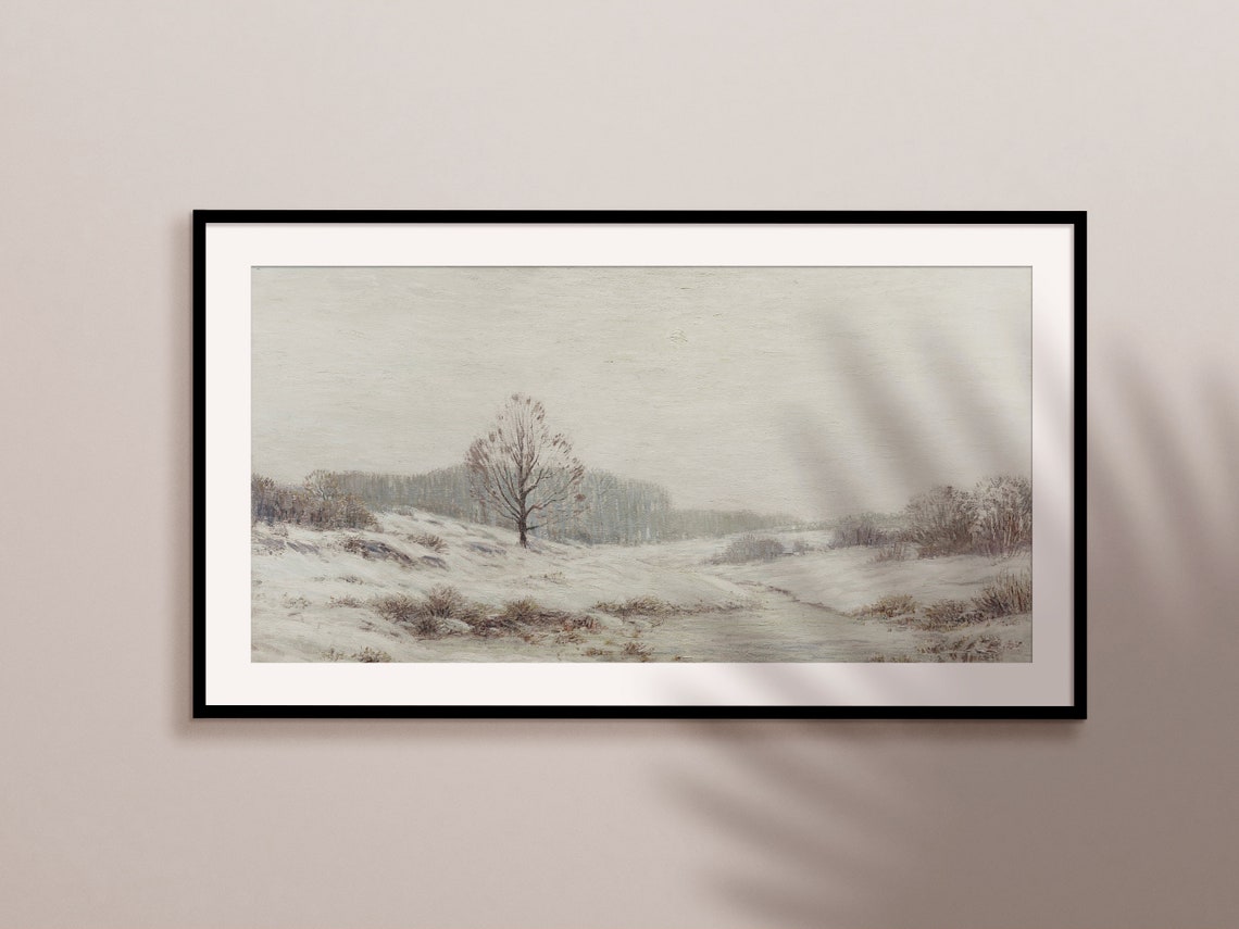 Minimal Winter Snowy Field Single Tree Pale Sky Landscape Print - Image 2