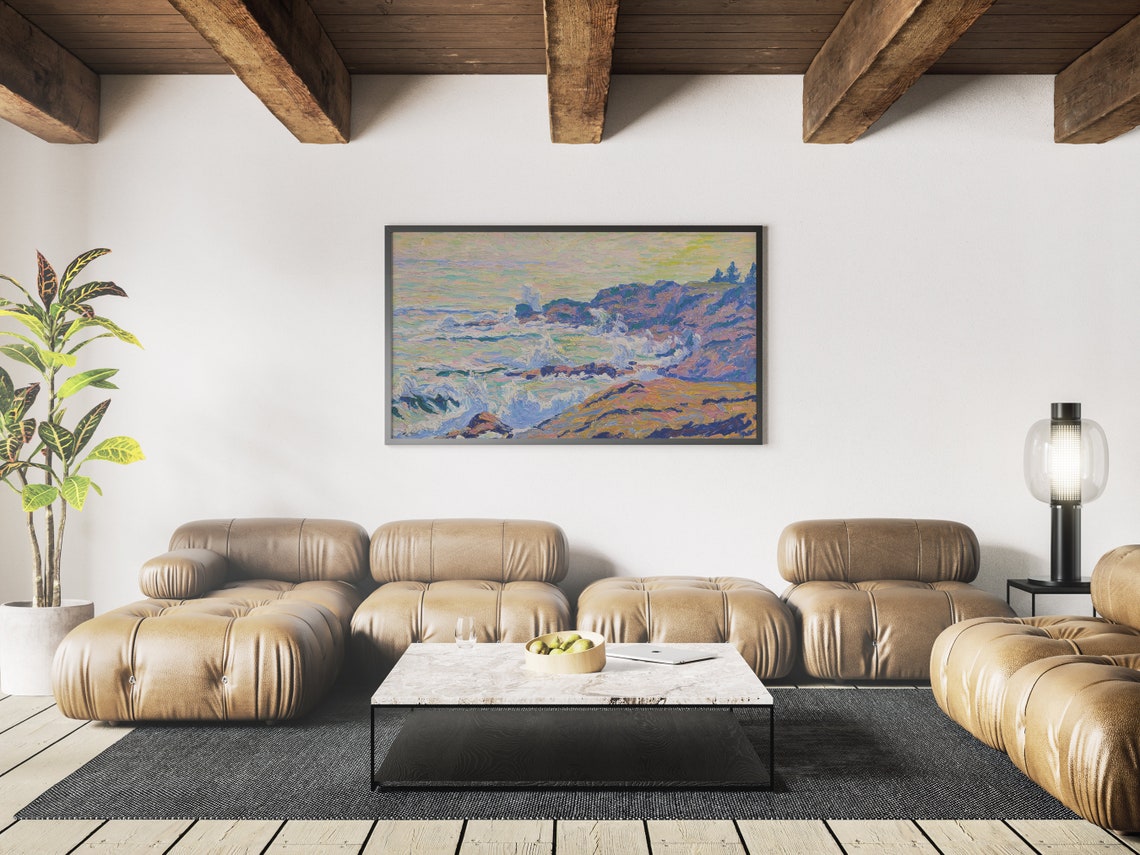 Impressionist Rocky Coastline Painting Waves Crashing Cliffs Wall Art - Image 4