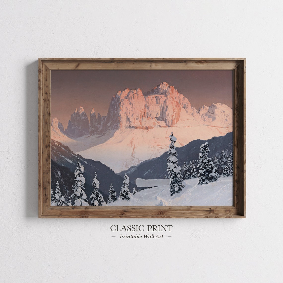 Snow Capped Peaks Alpenglow Winter Mountain Pine Forest Print