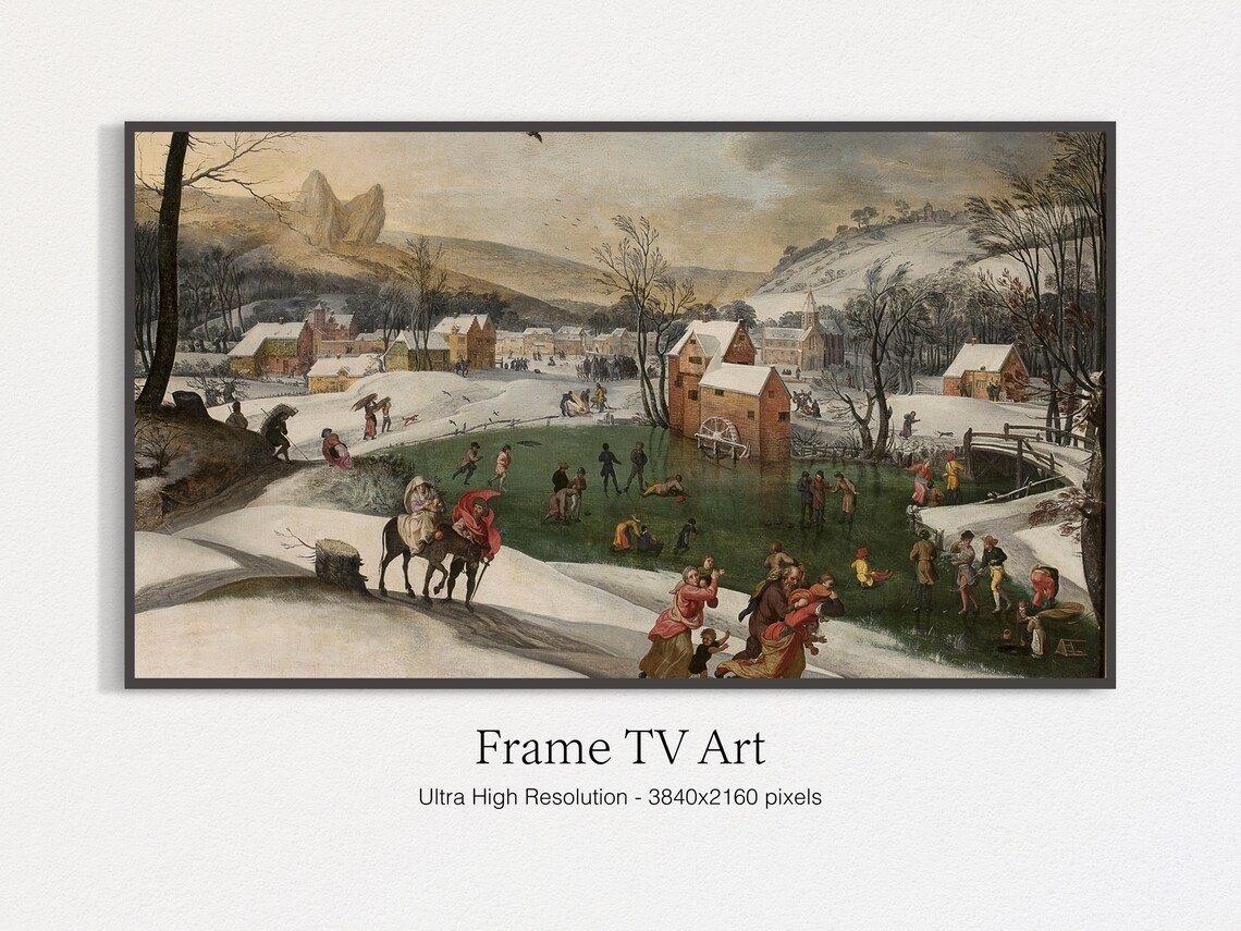 Flemish Village Winter Pond Ice Skaters Antique Oil Painting Wall Art
