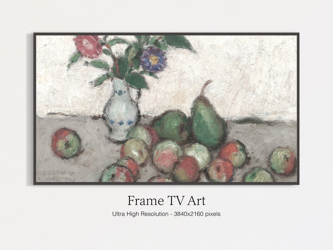 Vintage Still Life Oil Painting White Vase Flowers Pears Apples Poster