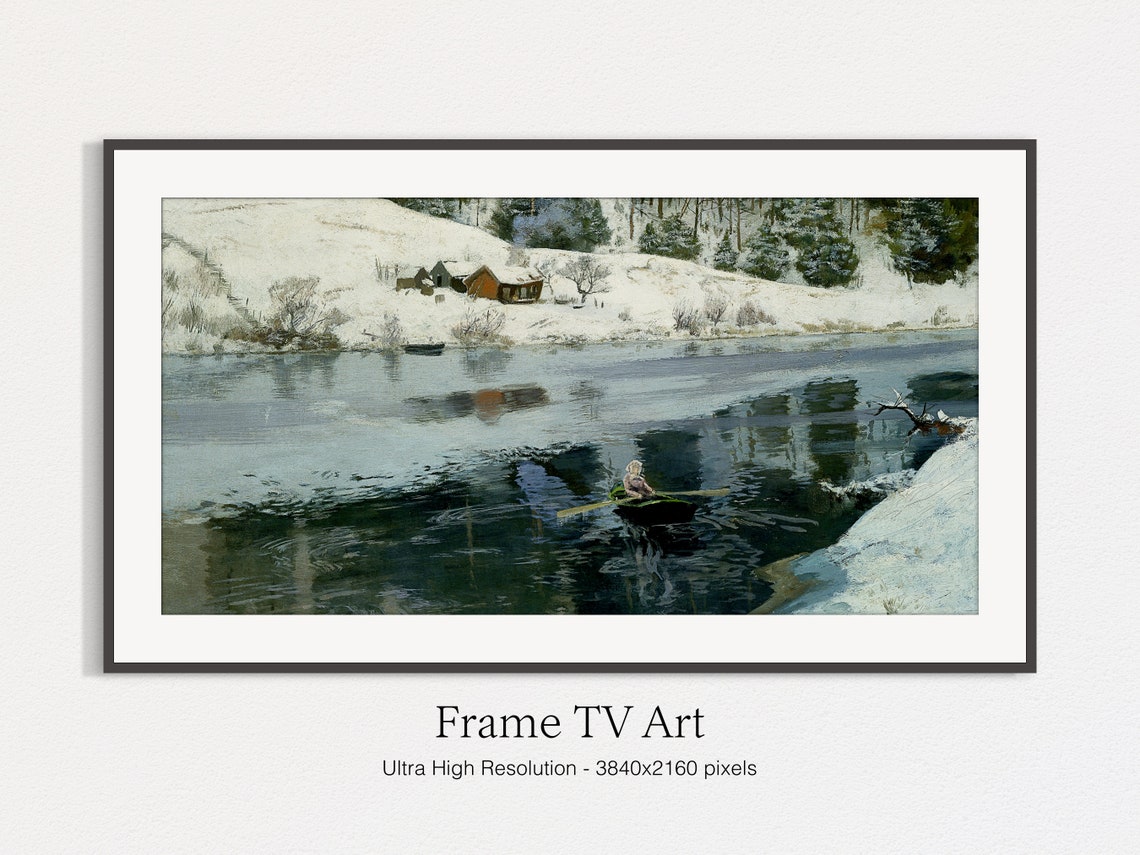 Winter River Rowboat Snowy Shore Cabins Calm Water Scene Print - Image 4