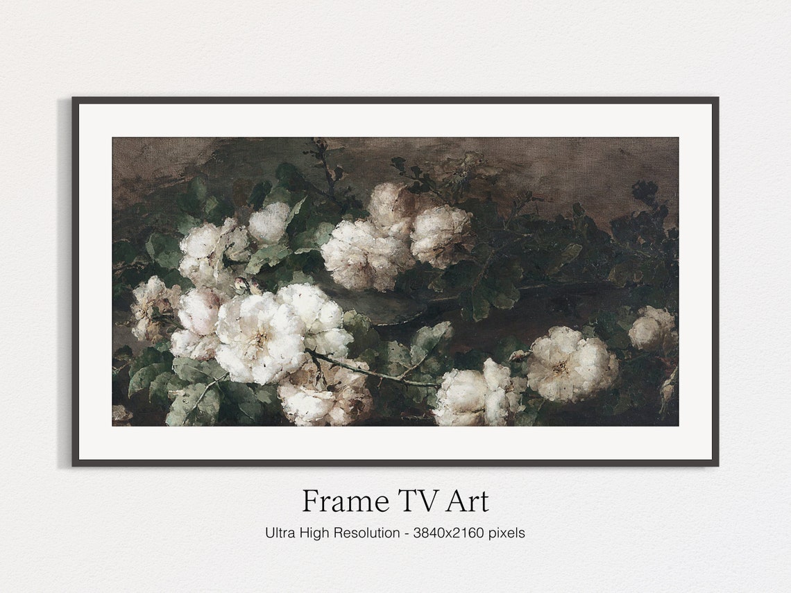 Vintage White Roses Moody Floral Still Life Dark Antique Print - Image 4