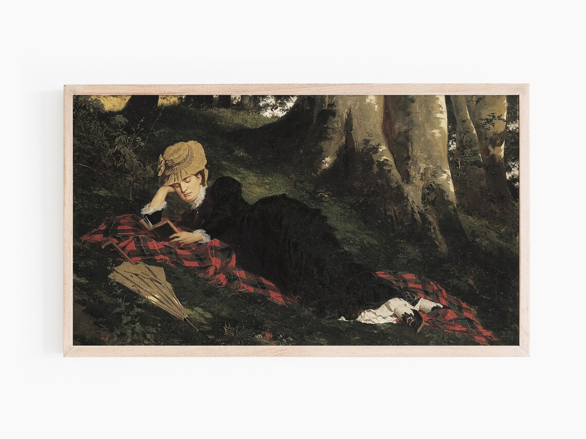 Woman Reading in the Forest Classic Vintage Oil Painting Art Print - Image 3
