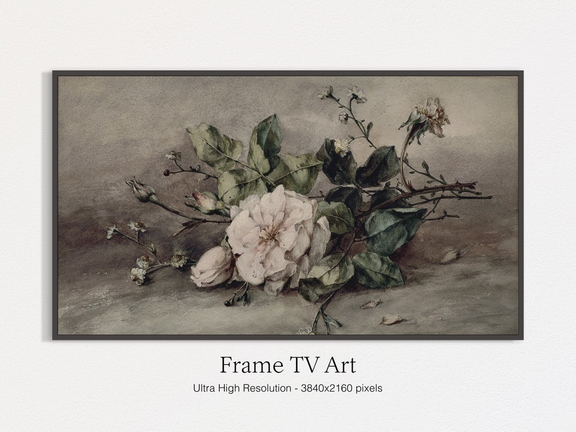 Moody Vintage Pink Roses Branch On Soft Grey Still Life Print - Image 4