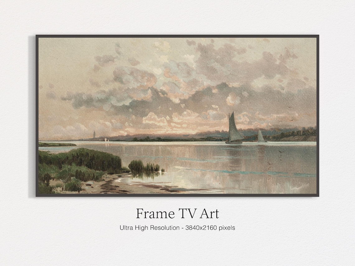 Quiet Lakeside Sailboats at Sunset Vintage Muted Seascape Art Print