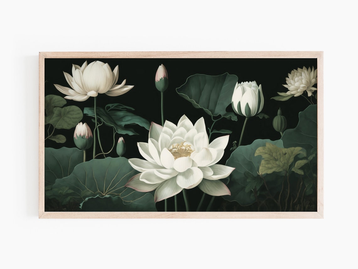 White Lotus Flowers Botanical Painting Dark Floral Wall Art Print - Image 2