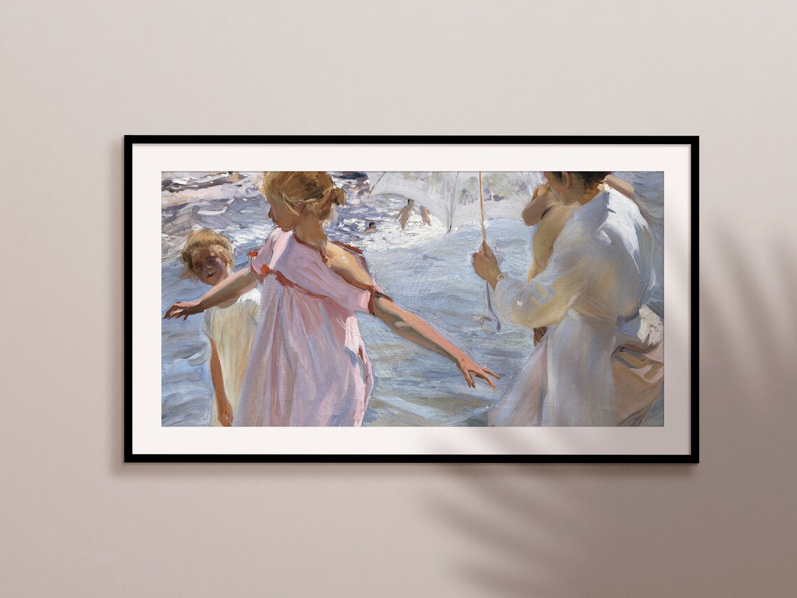 Family At Summer Beach Mother With Parasol Children In Waves Art Print - Image 2
