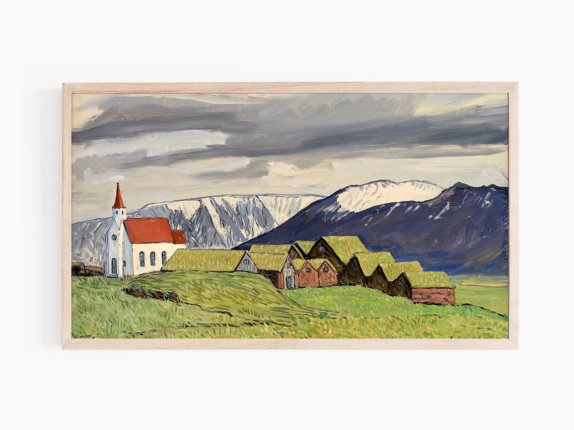 Icelandic Village Church Turf Houses Mountain Landscape Travel Poster - Image 3