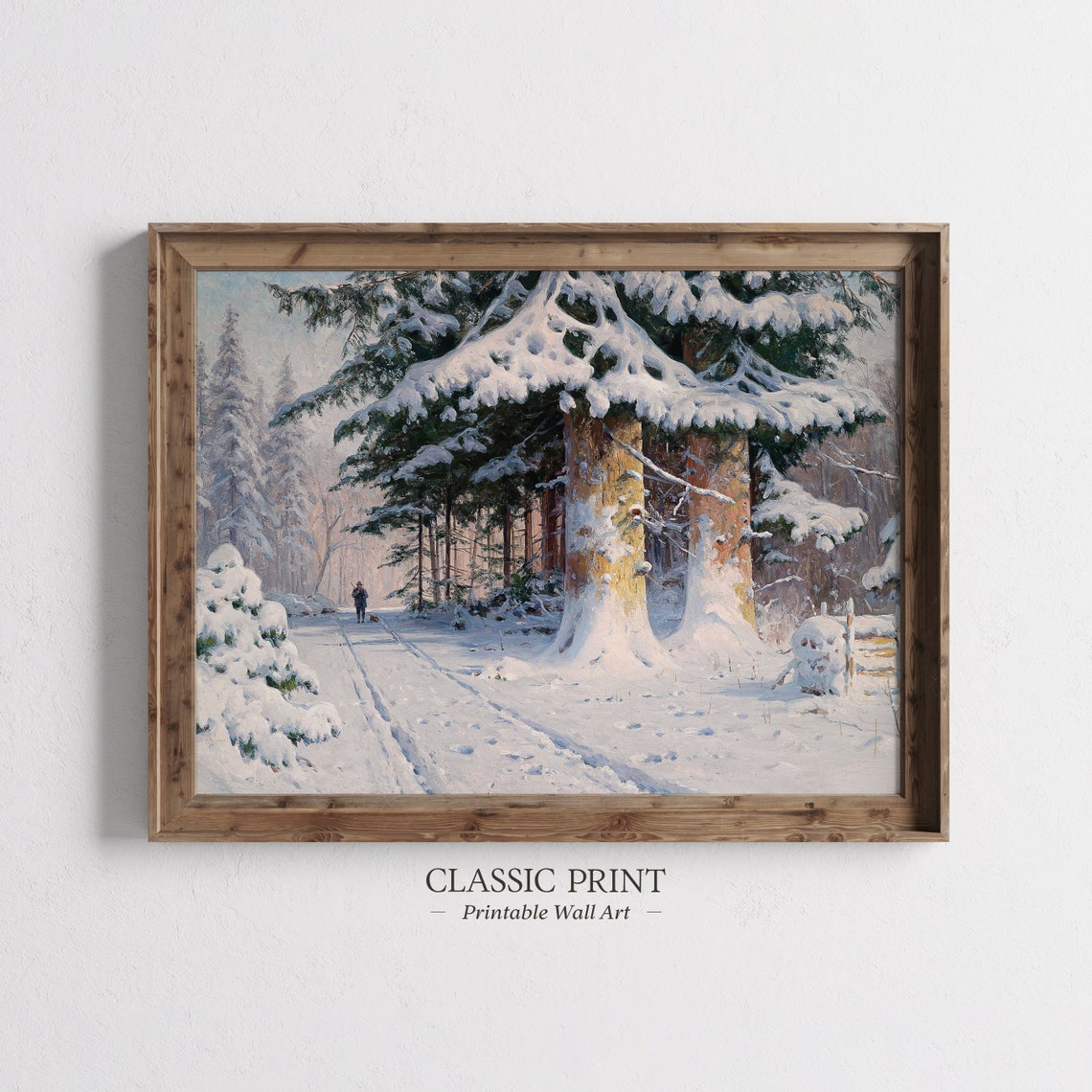 Snowy Forest Road Giant Evergreens Winter Walk Landscape Print