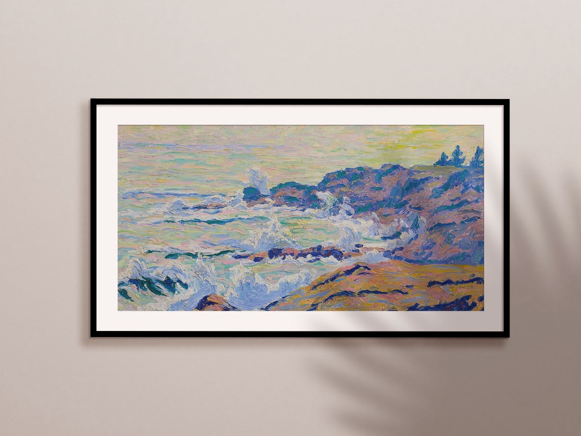 Impressionist Rocky Coastline Painting Waves Crashing Cliffs Wall Art - Image 2