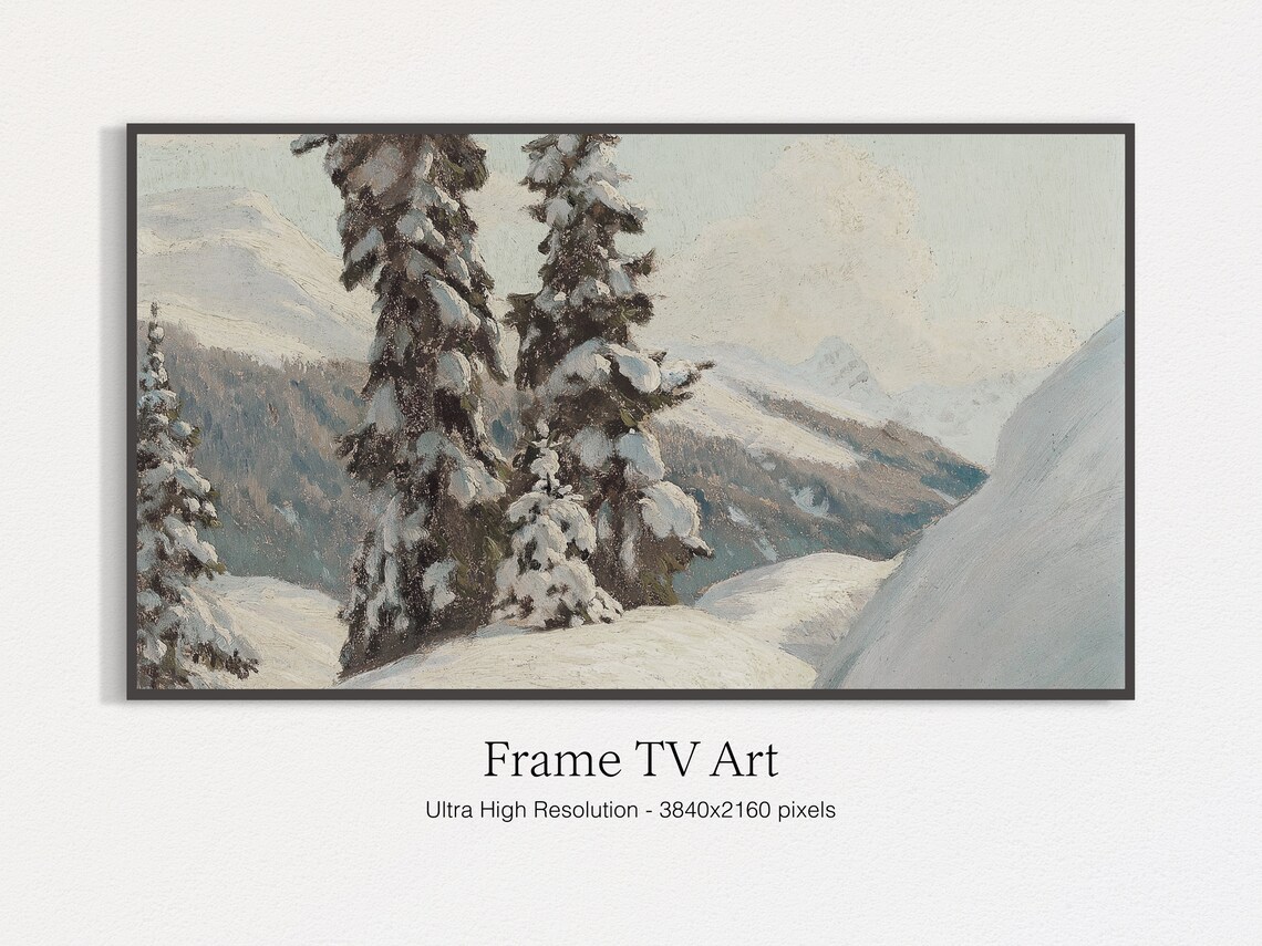 Snowy Alpine Mountains and Pines Winter Vintage Oil Painting Poster
