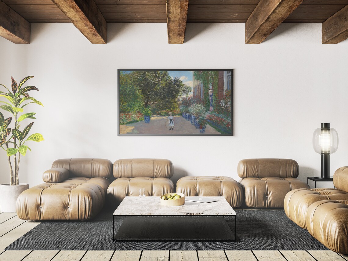 Sunlit Flower Garden Child With Hoop Blue Pots Cottage Scene Art Print - Image 3