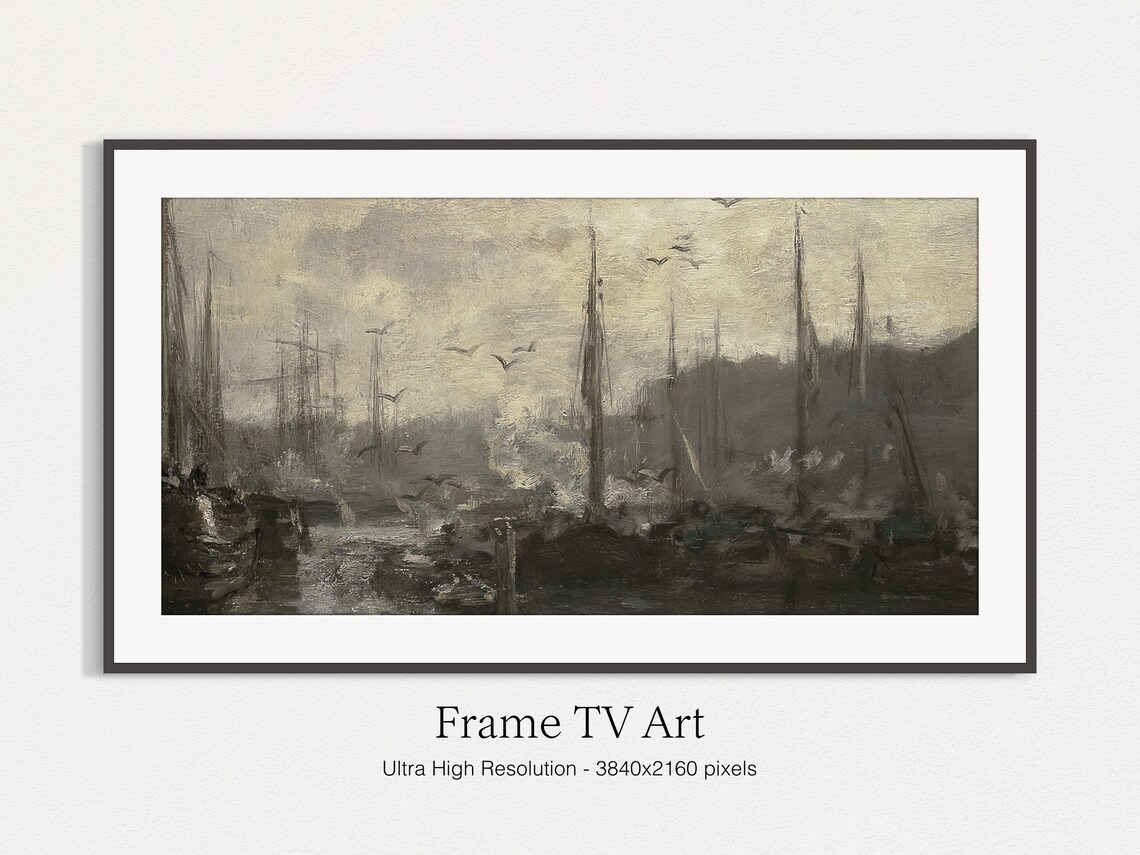 Frame Tv Moody Harbour Painting Dark Nautical Sailboats Frame For Tv - Image 4