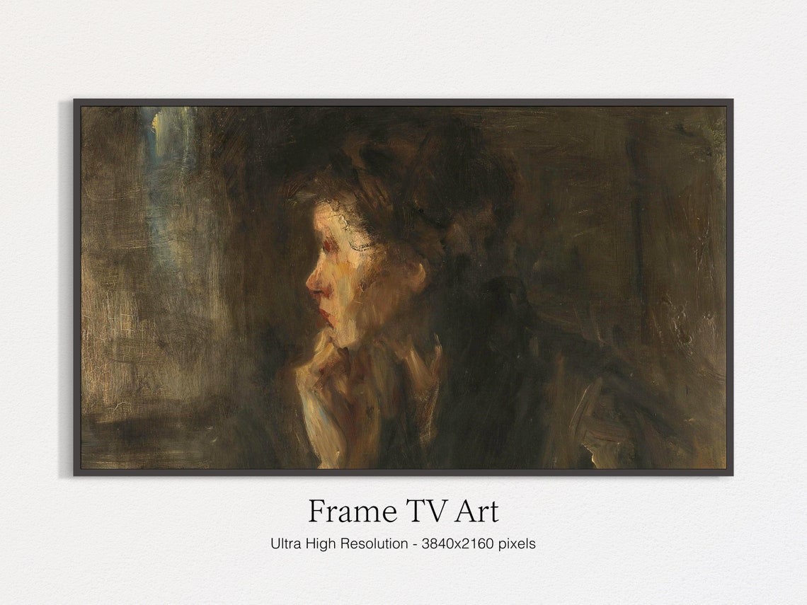Dark Moody Woman Portrait Profile Painting Vintage Wall Art Print