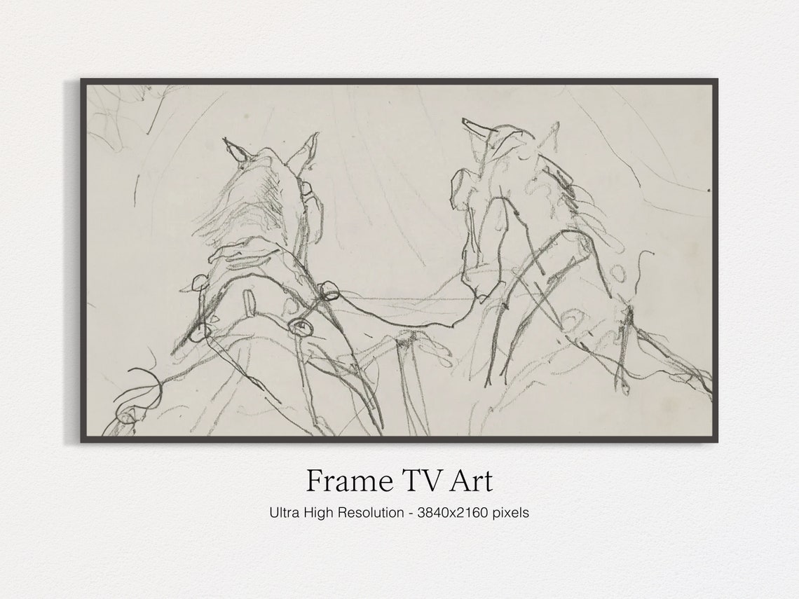 Two Harnessed Horses Minimalist Pencil Sketch Vintage Equine Art Print