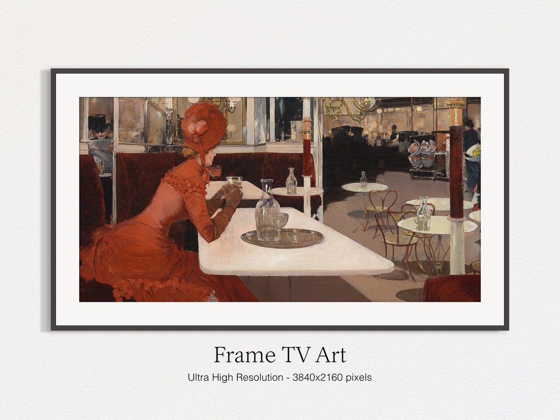 Woman In Red Dress At Parisian Cafe Marble Table Vintage Art Print - Image 4