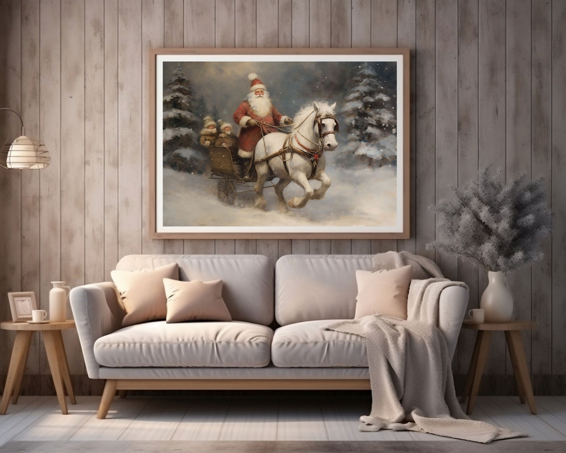 Santa Horse Sleigh Rustic Christmas Wall Art Festive Home Decor Farmhouse Holiday Print Vintage Winter Oil Painting Western Xmas - Image 4