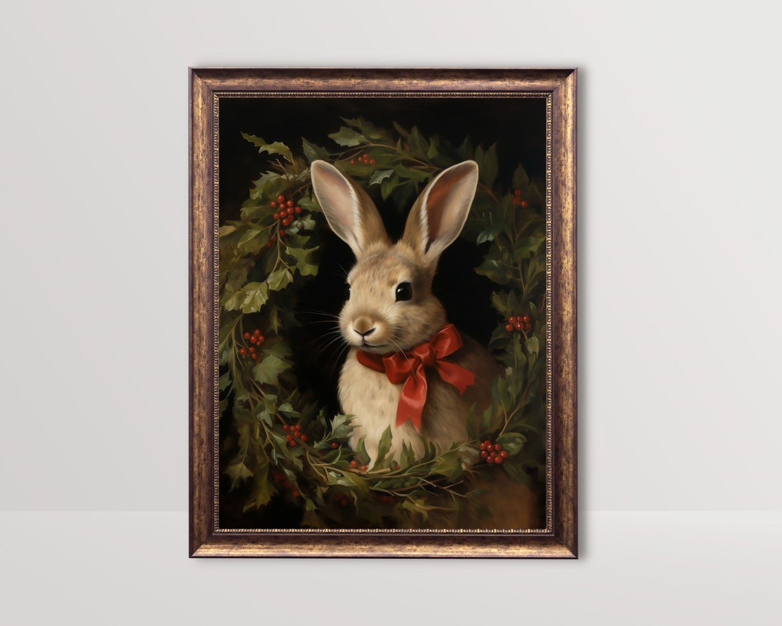 Festive Rabbit Dark Academia Christmas Art Print