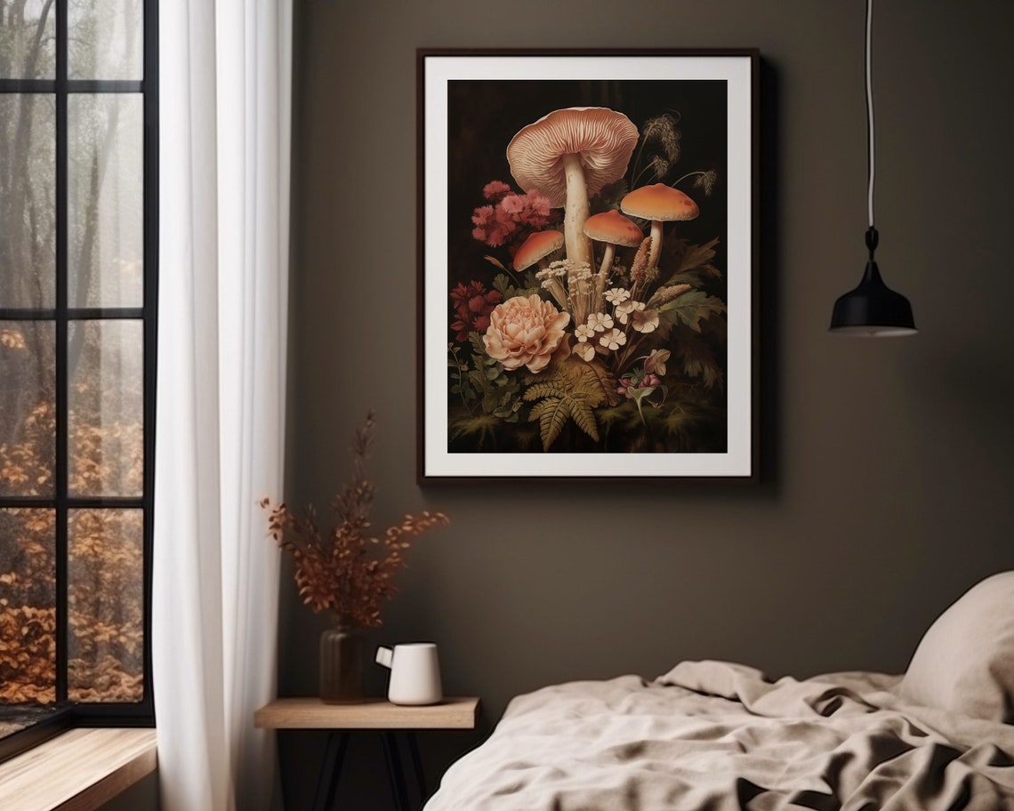 Dark Floral Mushrooms Cottagecore Botanical Art Print - Image 2