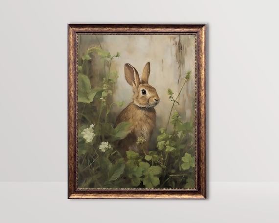 Rabbit Vintage Oil Painting, Rustic Farmhouse Art Print