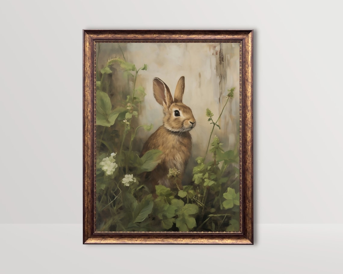 Rabbit Vintage Oil Painting, Rustic Farmhouse Art Print