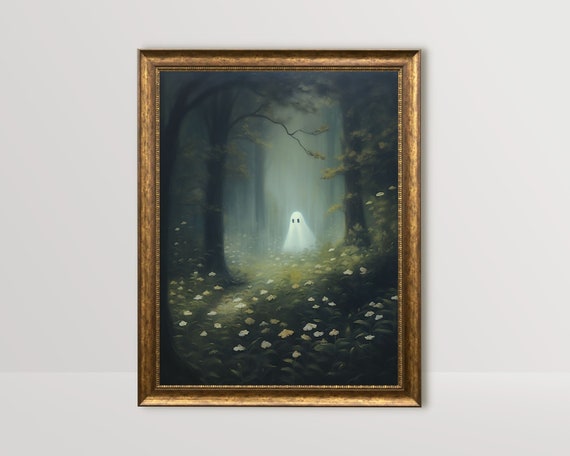 Ghost in Forest Cute Ghost Painting, Dark Cottagecore