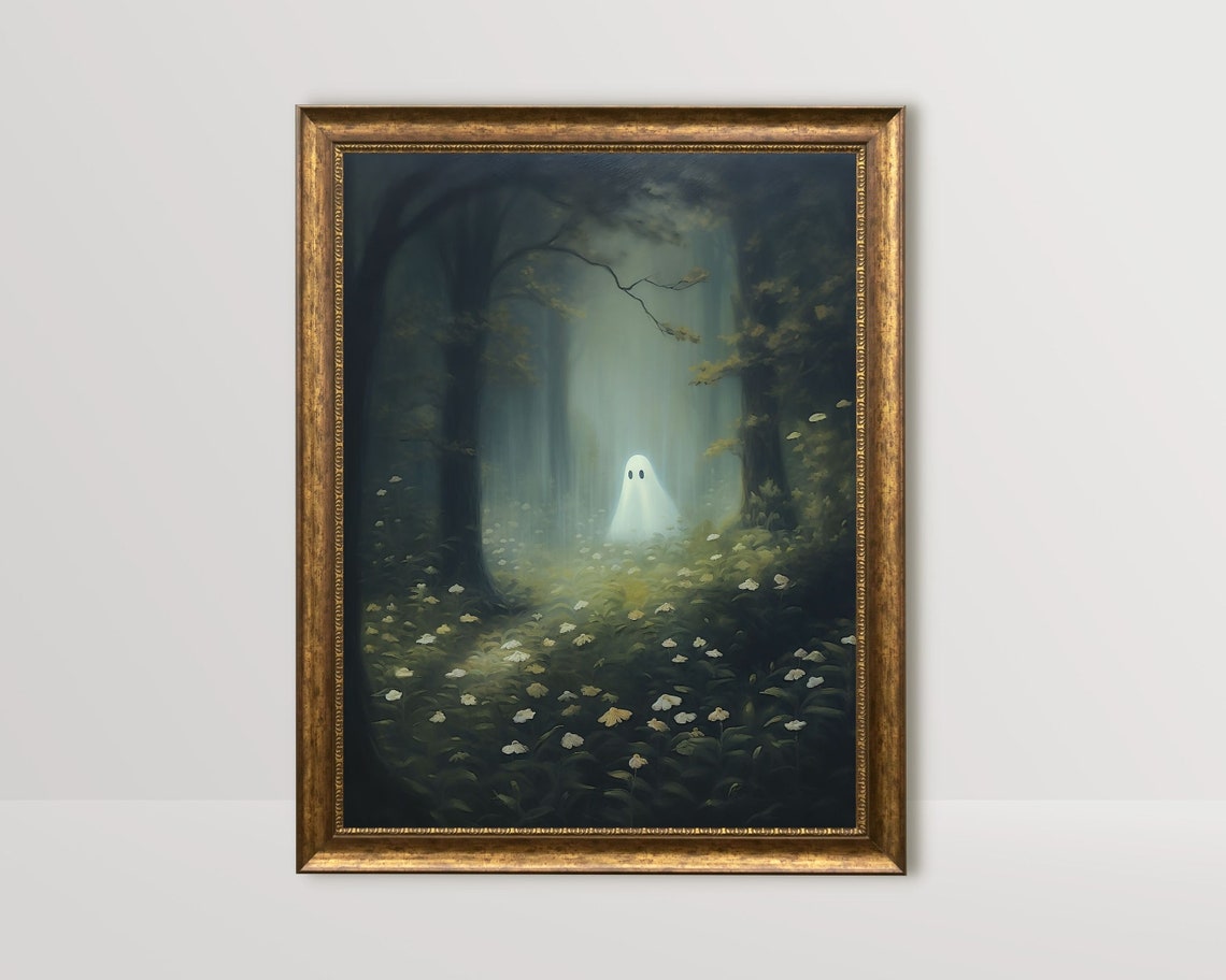 Ghost in Forest Cute Ghost Painting, Dark Cottagecore