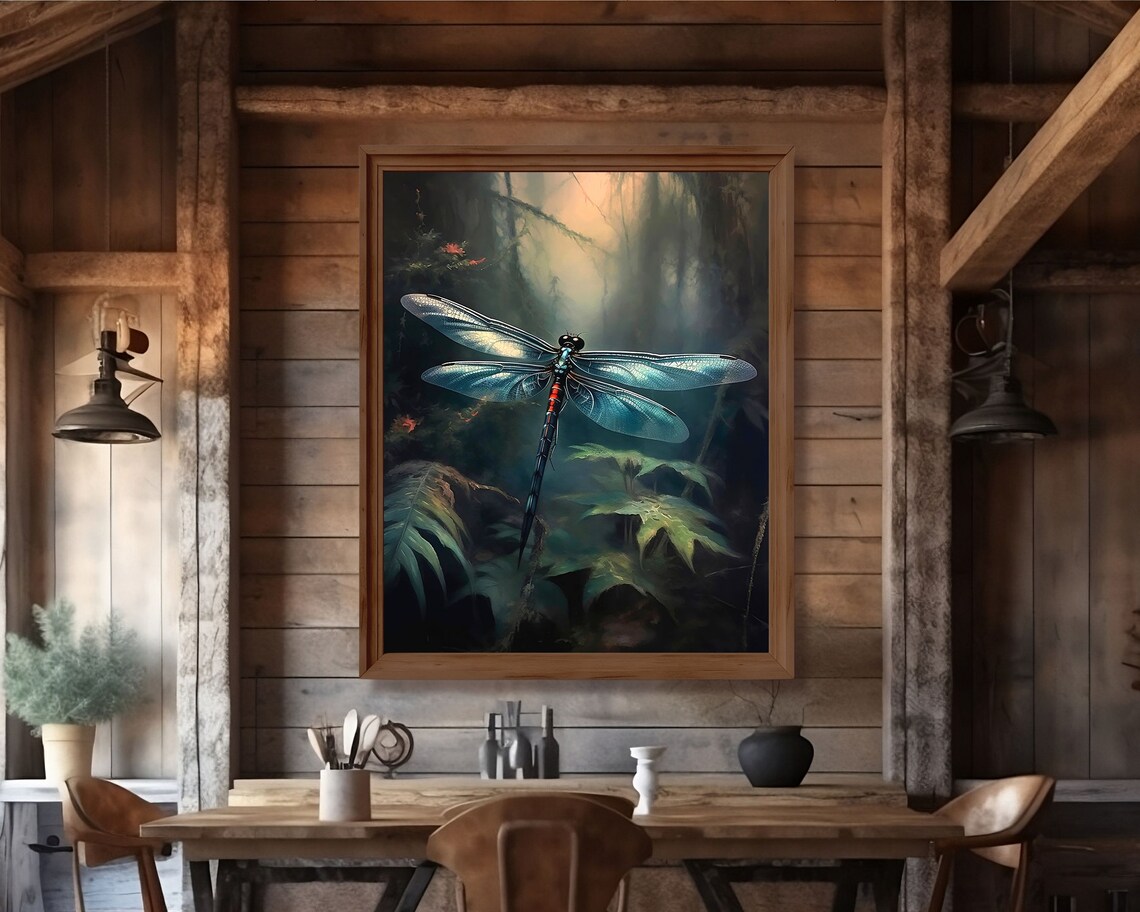 Black Dragonfly Botanical Oil-Painting-Style Print - Image 2