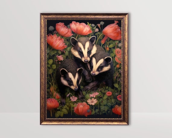 Baby Skunk Botanical Gothic Art Floral Moody Painting Dark Cottagecore Goth Wall Art Dark Academia Print Witch Room Decor