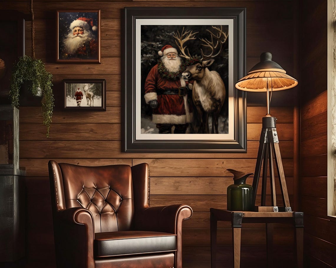 Vintage Santa Reindeer Christmas Wall Art Print - Image 2