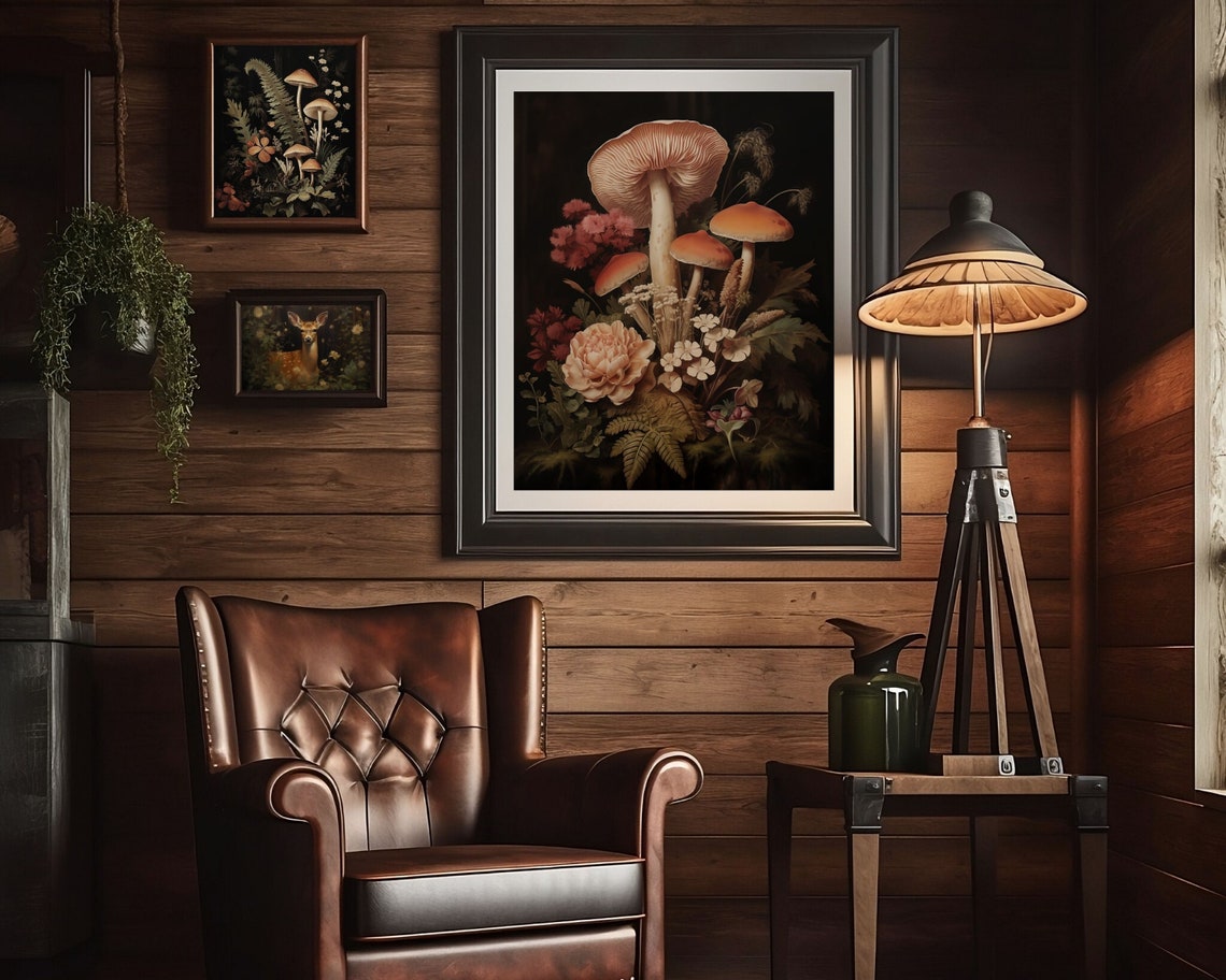 Dark Floral Mushrooms Cottagecore Botanical Art Print - Image 3
