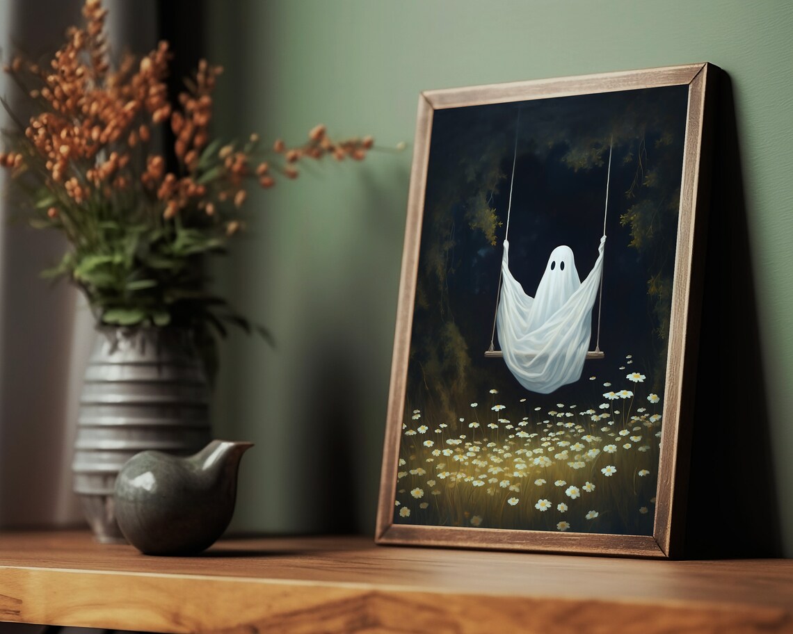 Ghost on Swing, Dark Cottagecore Spooky Art Print - Image 2