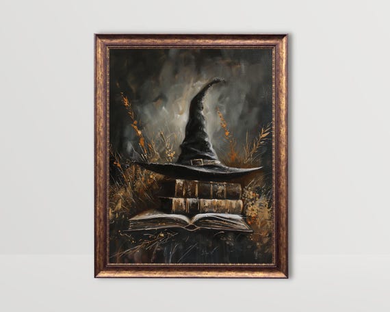 Witch Hat On Books Witchy Wall Art Fall Cottagecore Halloween Print Vintage Wizard Hat Dark Academia Prints Moody Book Decor