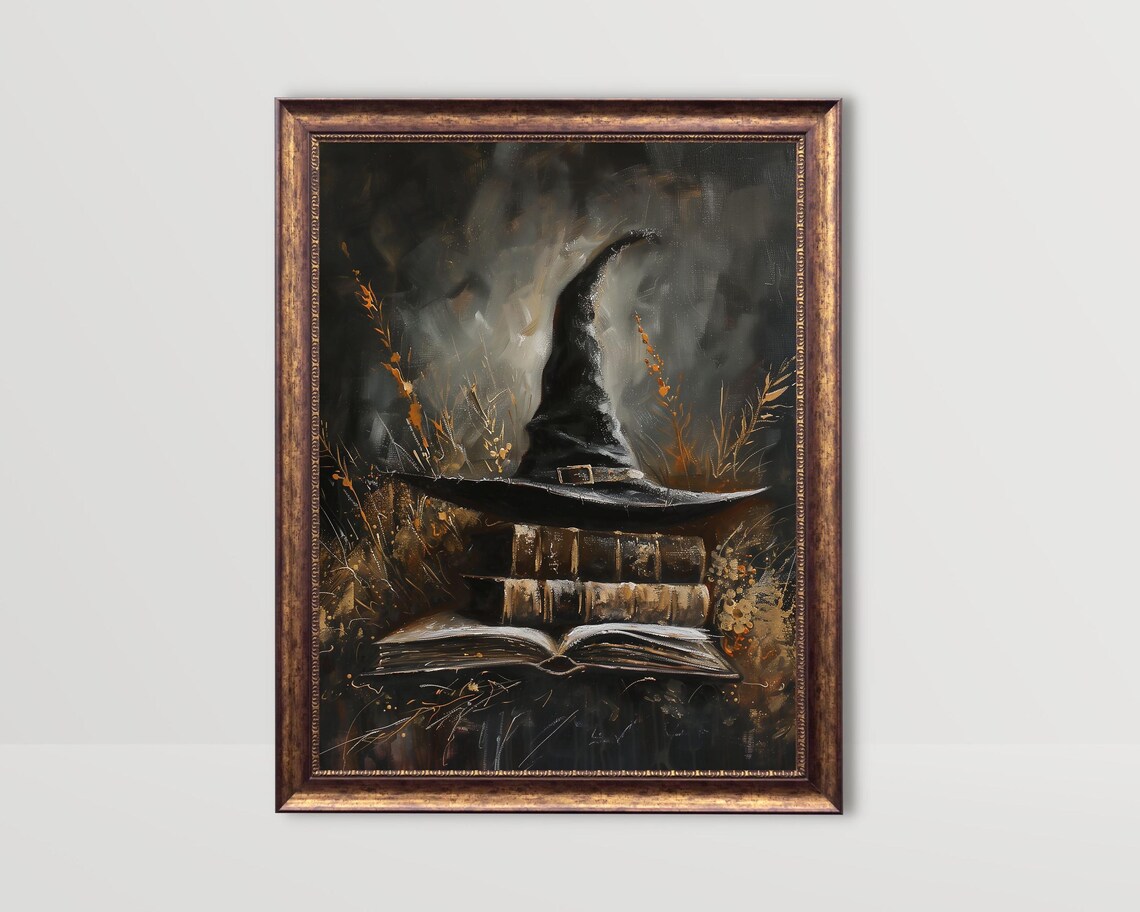 Black Witch Hat Resting On Stack Of Old Books Halloween Print