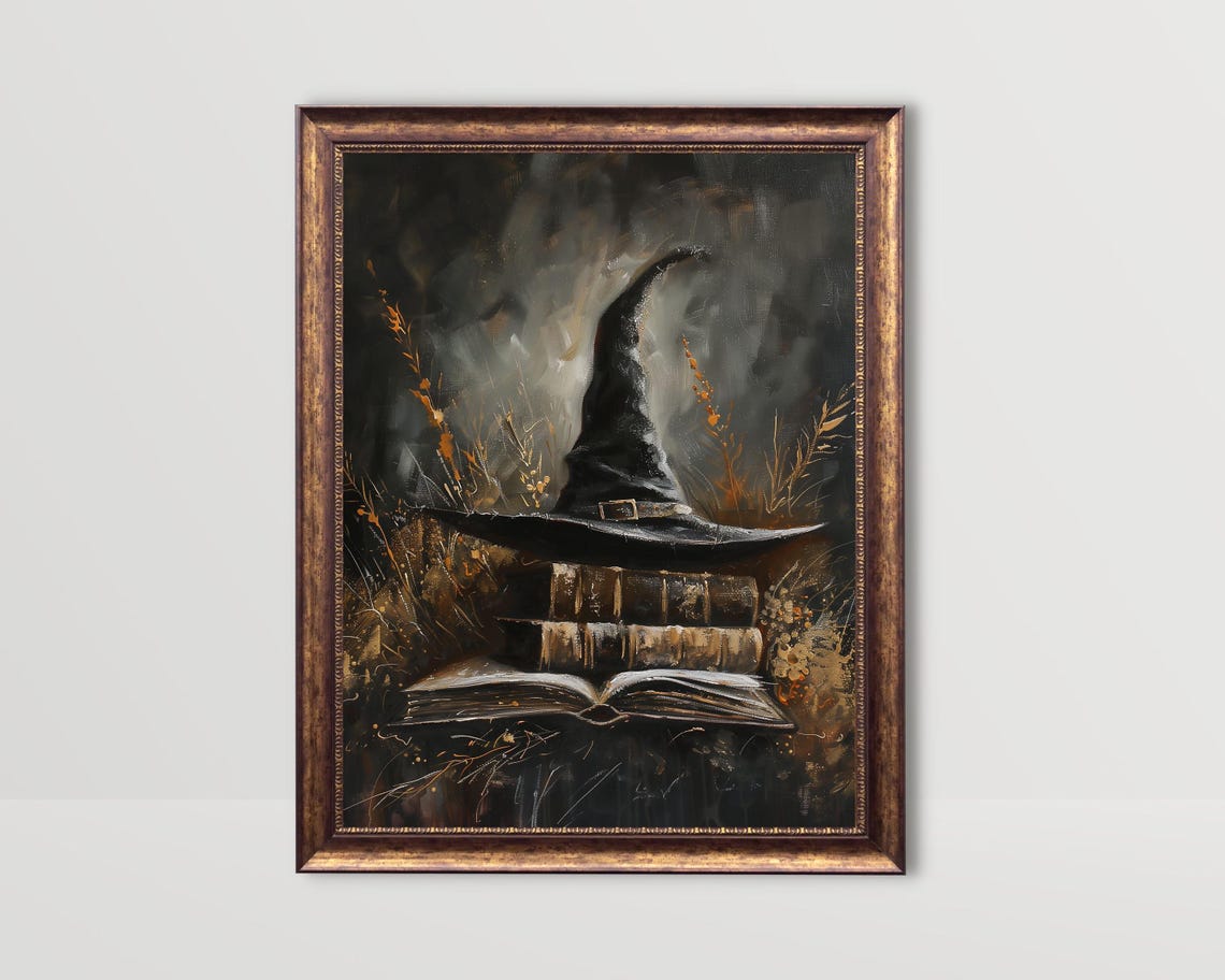 Witch Hat On Books Witchy Wall Art Fall Cottagecore Halloween Print Vintage Wizard Hat Dark Academia Prints Moody Book Decor