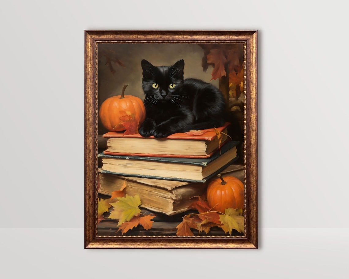 Black Cat on Books, Vintage Halloween Poster Print