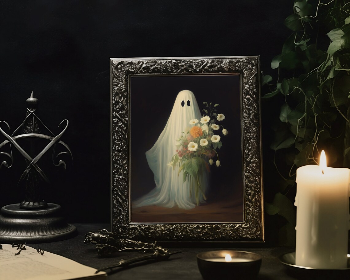 Ghost Holding A Flower Bouquet On Black Whimsical Art Poster - Image 4