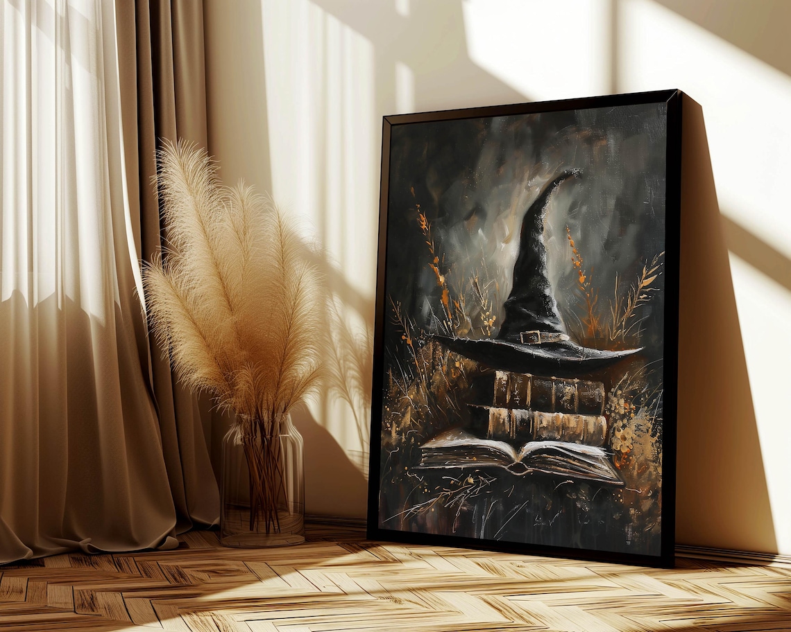 Black Witch Hat Resting On Stack Of Old Books Halloween Print - Image 4