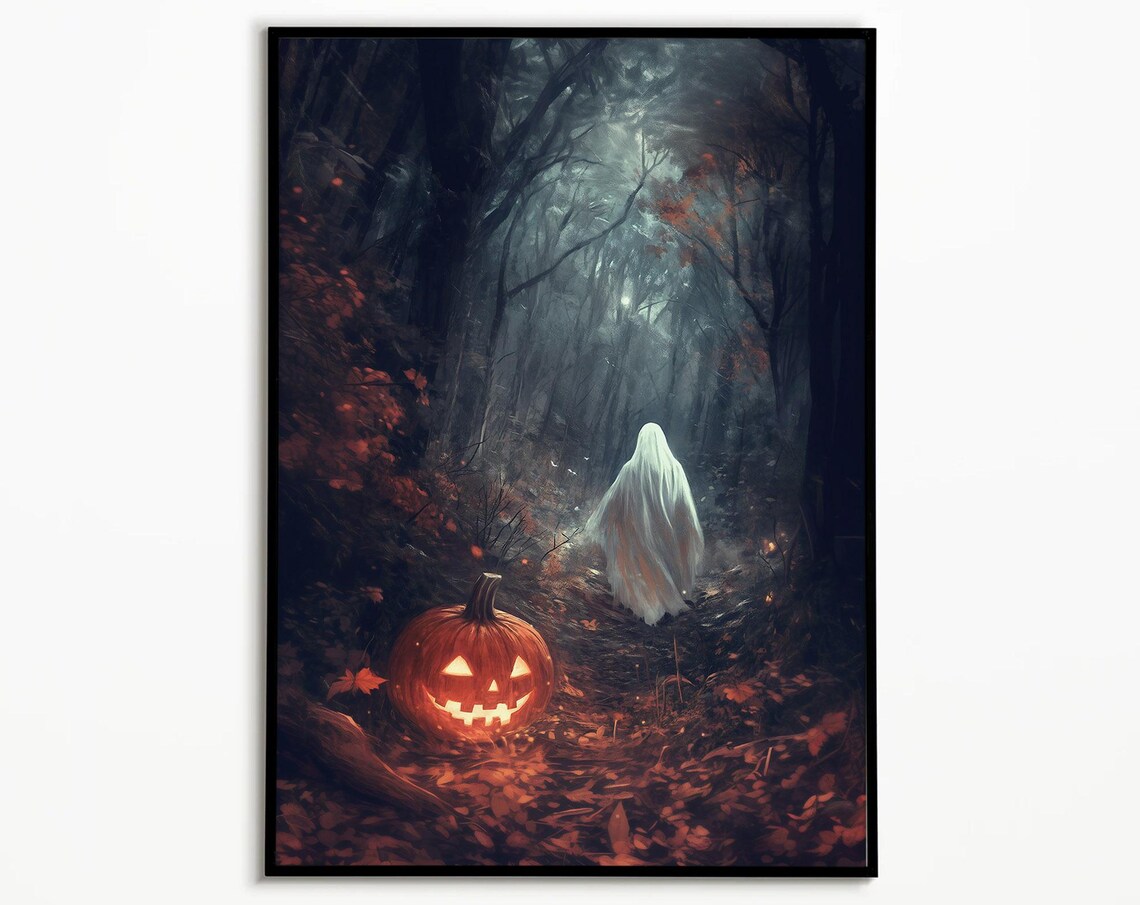 Ghost in Dark Autumn Forest Poster Haunted Woodland Jack O Lantern Art Decor