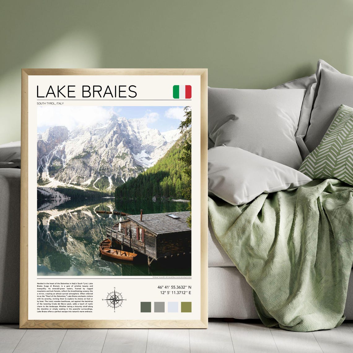 Lake Braies Italy Dolomites Boathouse Mountain Reflection Poster - Image 3