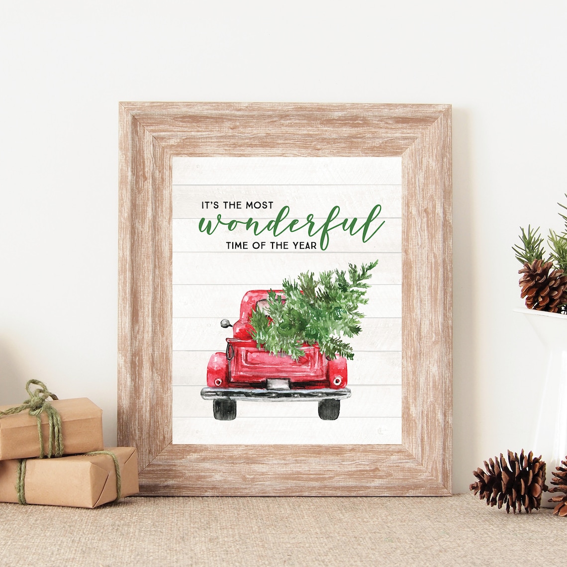 Farmhouse Christmas Red Truck Art Print, Vintage