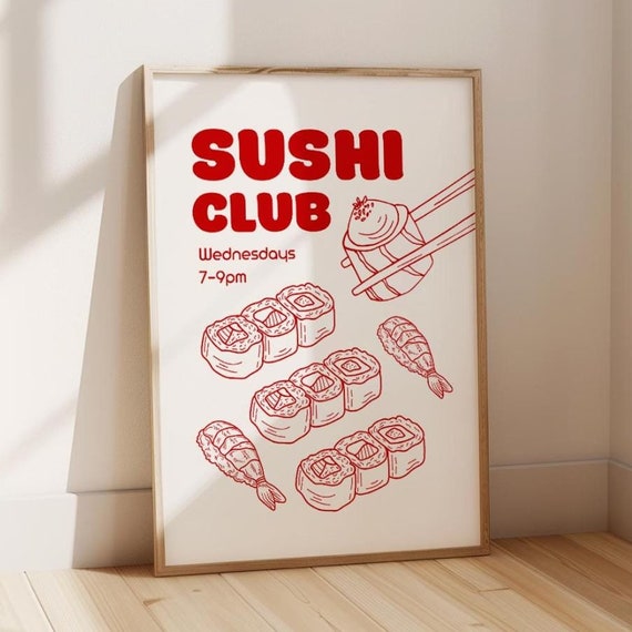 Cute Food Print Sushi Club Cool Kitchen Wall Art Gift For Foodie Old Retro Aesthetics Girly Print Indie Room Decor Cool Girl Wall Art