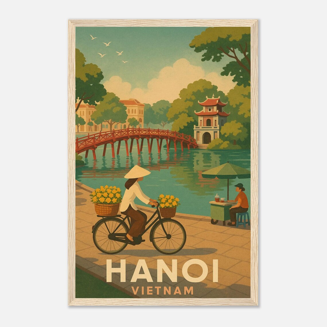 Hanoi Vietnam Hoan Kiem Lake With Red Bridge And Flower Bike Poster