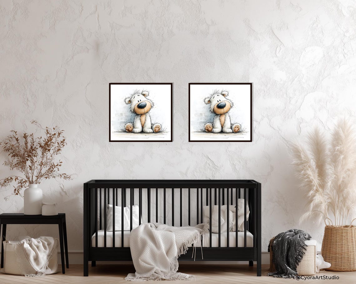 Cute White Teddy Bear Nursery Poster Sketch Style Kids Room Art