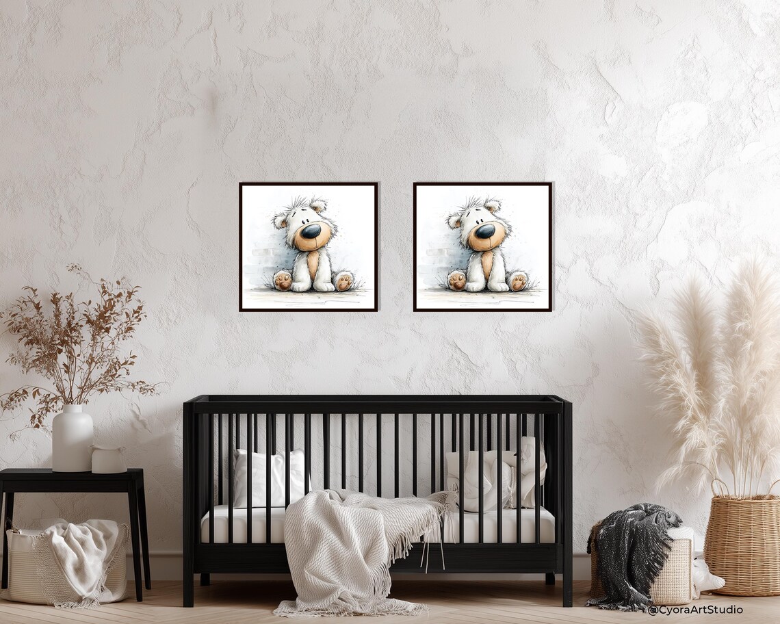 Wall Art White Teddy Cute Nursery Poster Adorable Animal Illustration Artwork Instant