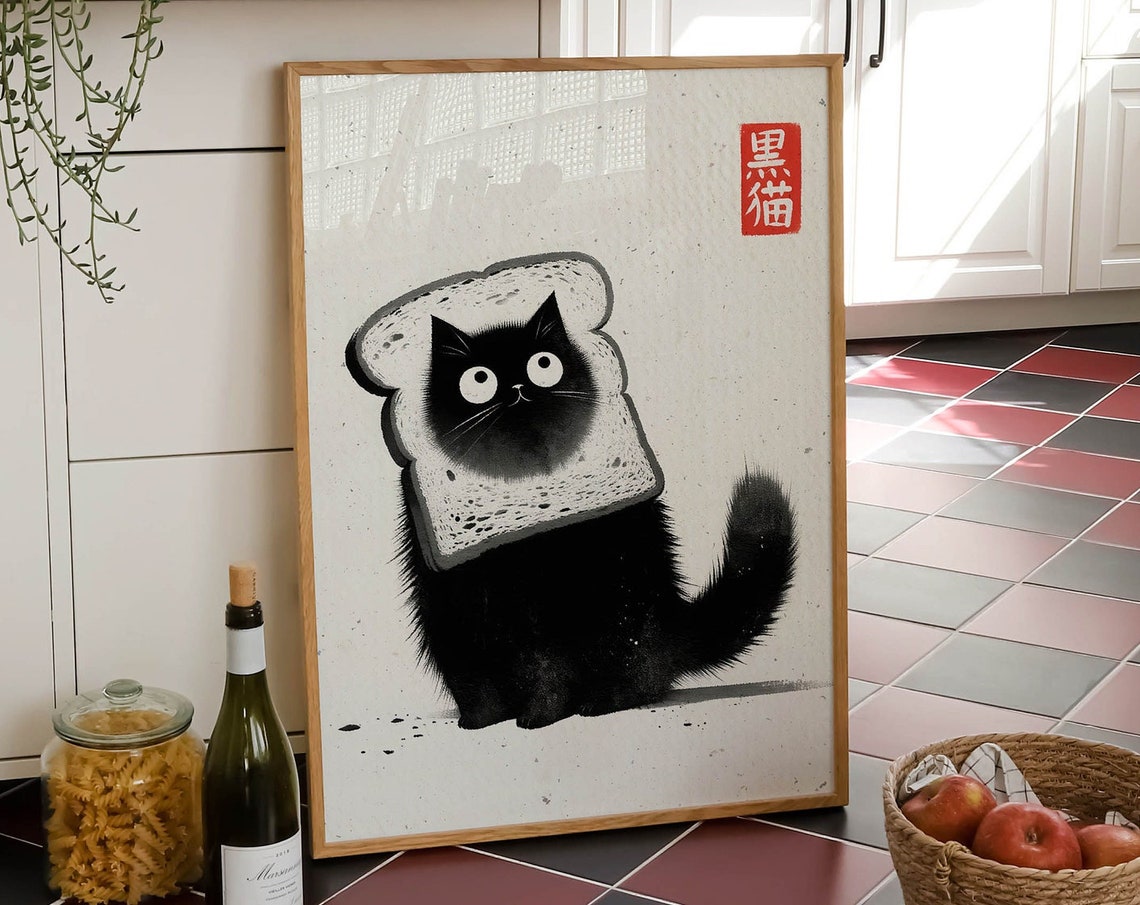 Black Cat Wearing Toast Bread Funny Japanese Ink Style Poster