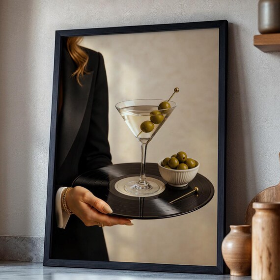 Martini Cocktail Served On Vinyl Record Olive Retro Bar Poster