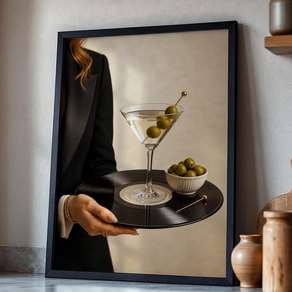 Vinyl Martini Service Print Digital Download Olive Cocktail Printable Chic Bar Wall Art